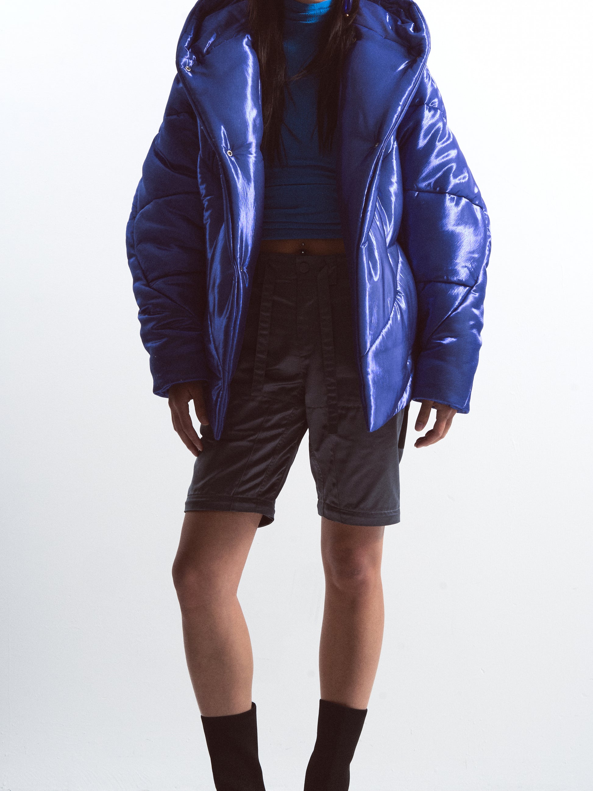 Glossy Blue Hooded Jacket