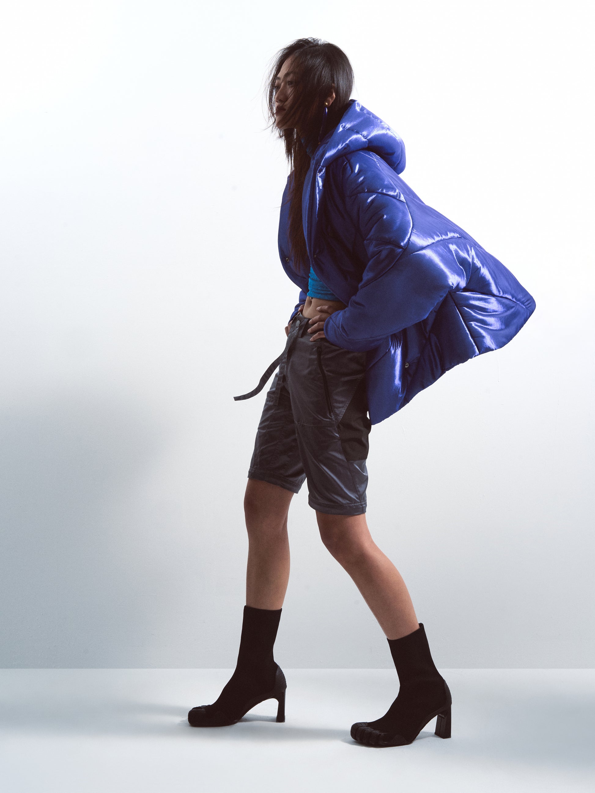 Glossy Blue Hooded Jacket